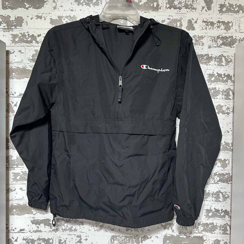 Champion Black Hooded Windbreaker with Logo Trim
